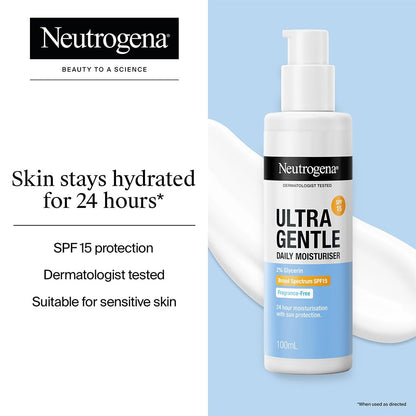 Neutrogena Ultra Gentle Daily Moisturiser SPF 15 | Glycerine based | Light Weight & Non Greasy | UVA & UVB Protection | Parabens Free | Fragrance Free | Dry & Sensitive Skin (Pack of 2 )