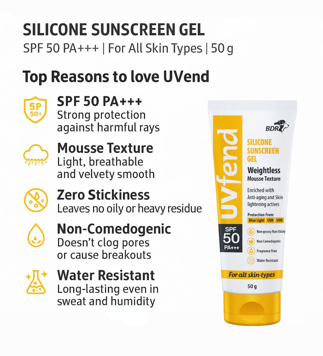 Uvfend Silicone Sunscreen Gel SPF 50 PA+++ | 50g