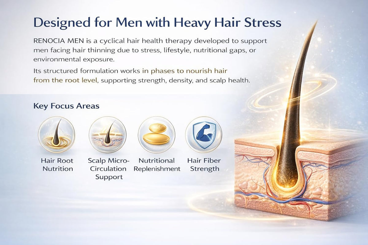 Renocia Men Cyclical Therapy Tablets for Hair Health & Nutritional Support – Nutraceutical Formula with MSM, Beta Sitosterol, Amino Acids, Multivitamins & Multiminerals – 32 Tablets (4 Weeks Dosage) (For Men) - Skiynse Dermatologique