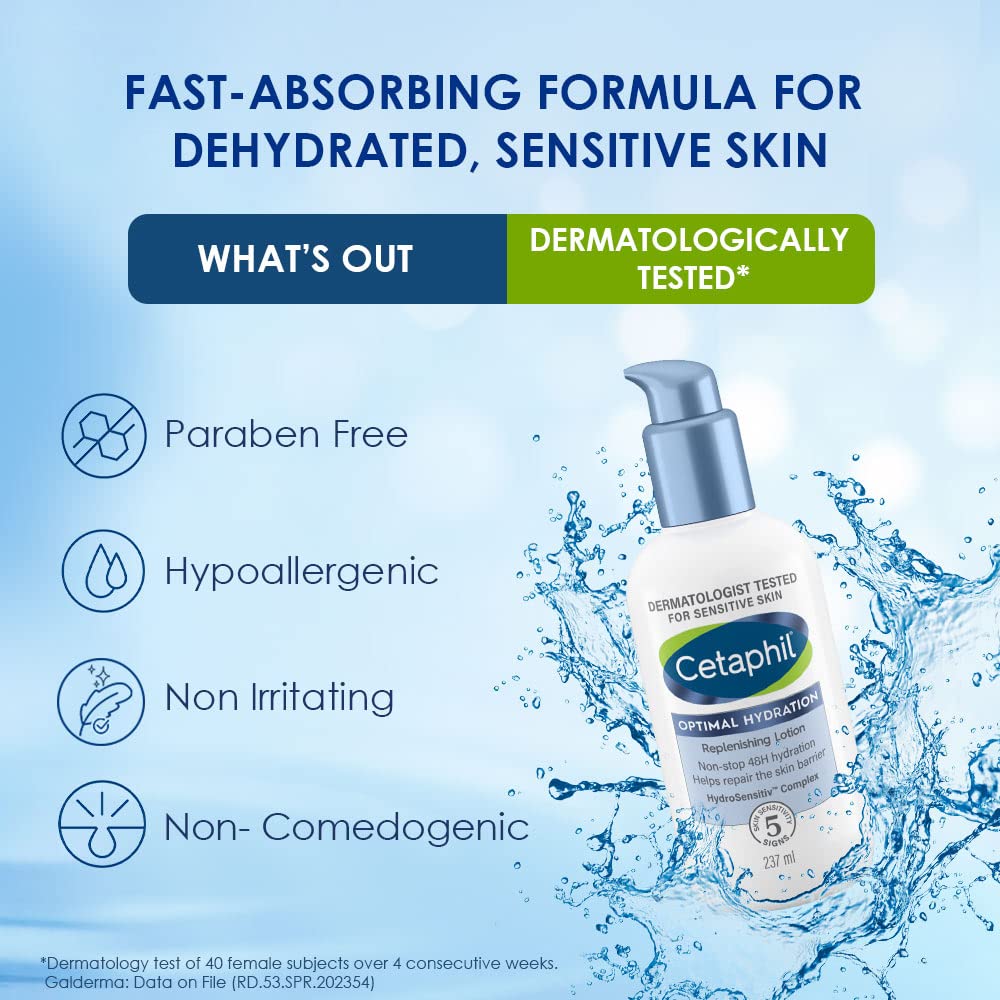 Cetaphil Optimal Hydration Replenishing Body Lotion, 237ml | Lightweight moisturizer & non-greasy | Hyaluronic Acid, Sunflower Oil, Blue Daisy extract | Dermatologist Recommended for Sensitive Skin
