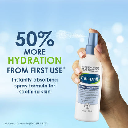 Cetaphil Optimal Hydration Body Spray Moisturizer, 207ml | Lightweight moisturizer & non-greasy | Hyaluronic Acid, Sunflower Oil, Blue Daisy extract