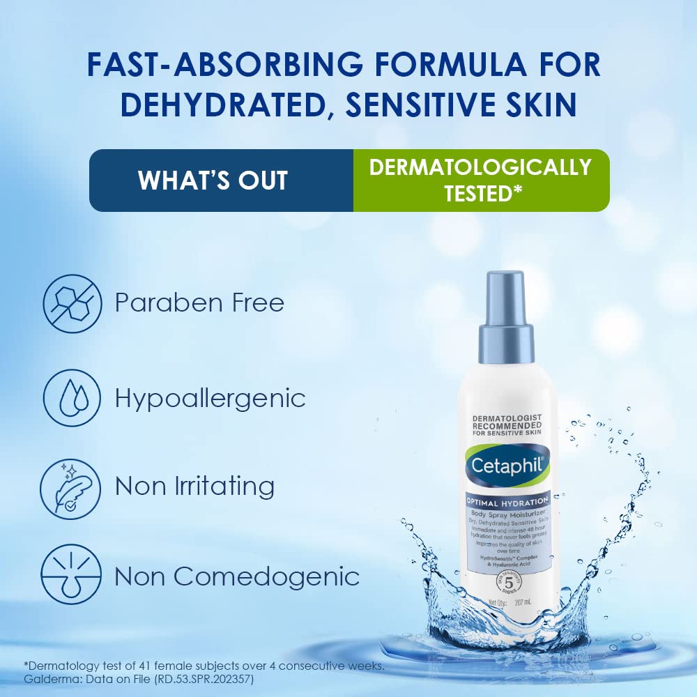 Cetaphil Optimal Hydration Body Spray Moisturizer, 207ml | Lightweight moisturizer & non-greasy | Hyaluronic Acid, Sunflower Oil, Blue Daisy extract