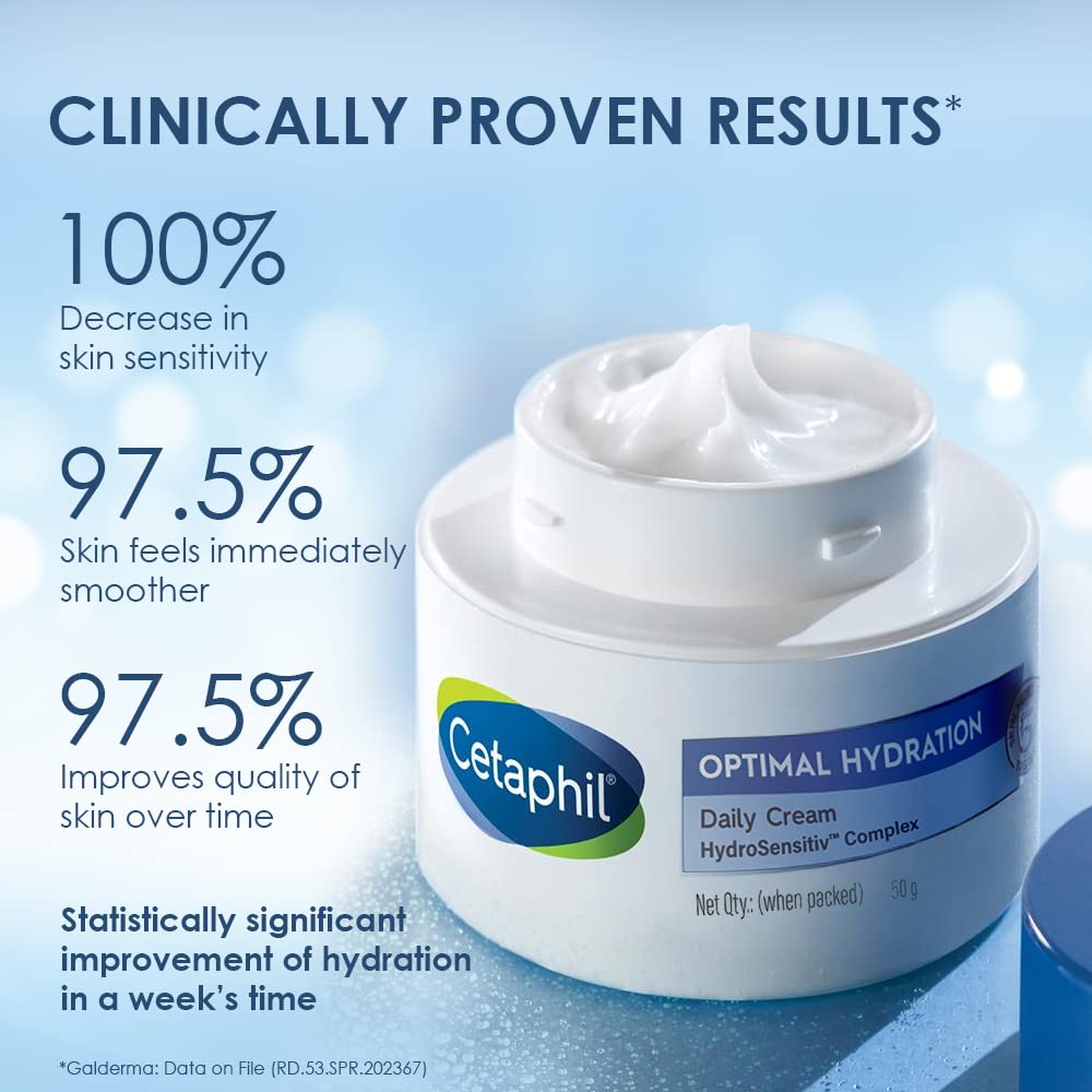 Cetaphil Optimal Hydration Daily Cream, 50g | Lightweight Moisturizer & Fast Absorption | Hyaluronic Acid, Blue Daisy Extract, Niacinamide