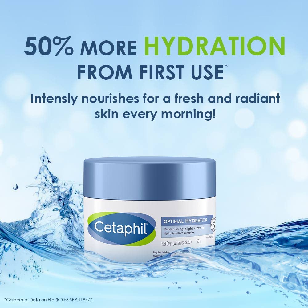 Cetaphil Optimal Hydration Replenishing Night Cream, 50g | Lightweight & Fast Absorption | Hyaluronic Acid, Blue Daisy Extract, Niacinamide
