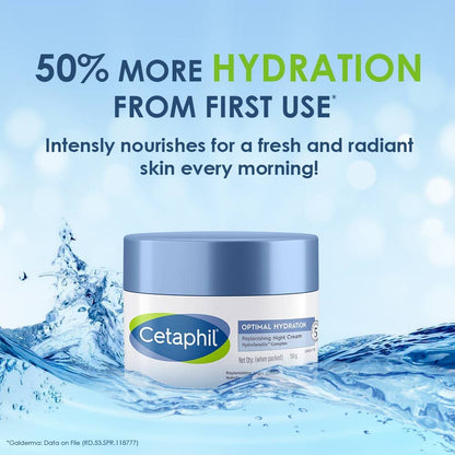 Cetaphil Optimal Hydration Replenishing Night Cream, 50g | Lightweight & Fast Absorption | Hyaluronic Acid, Blue Daisy Extract, Niacinamide