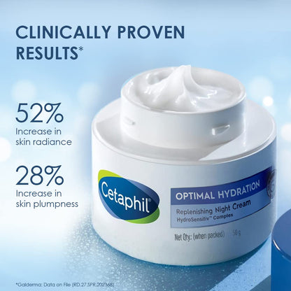 Cetaphil Optimal Hydration Replenishing Night Cream, 50g | Lightweight & Fast Absorption | Hyaluronic Acid, Blue Daisy Extract, Niacinamide