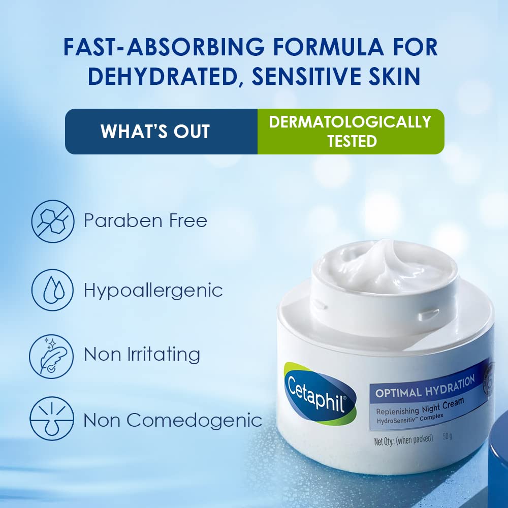 Cetaphil Optimal Hydration Replenishing Night Cream, 50g | Lightweight & Fast Absorption | Hyaluronic Acid, Blue Daisy Extract, Niacinamide