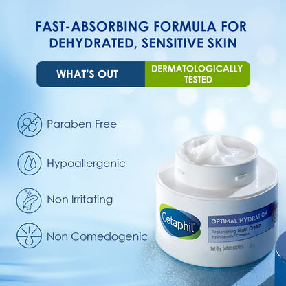 Cetaphil Optimal Hydration Replenishing Night Cream, 50g | Lightweight & Fast Absorption | Hyaluronic Acid, Blue Daisy Extract, Niacinamide