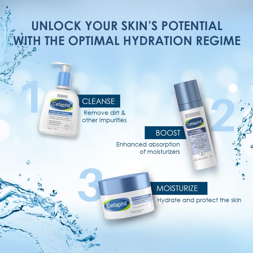 Cetaphil Optimal Hydration Replenishing Night Cream, 50g | Lightweight & Fast Absorption | Hyaluronic Acid, Blue Daisy Extract, Niacinamide